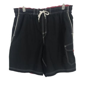 Speedo Mens Boardshorts Size XL Black Red Mesh Liner Pockets Waist Tie 9" Inseam